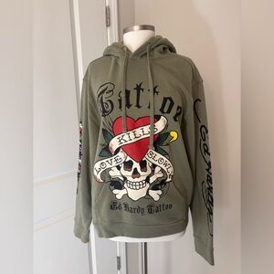 Ed Hardy Heart Skull Hoodie Tattoo Love Kills Slowly Panther Olive Green Large